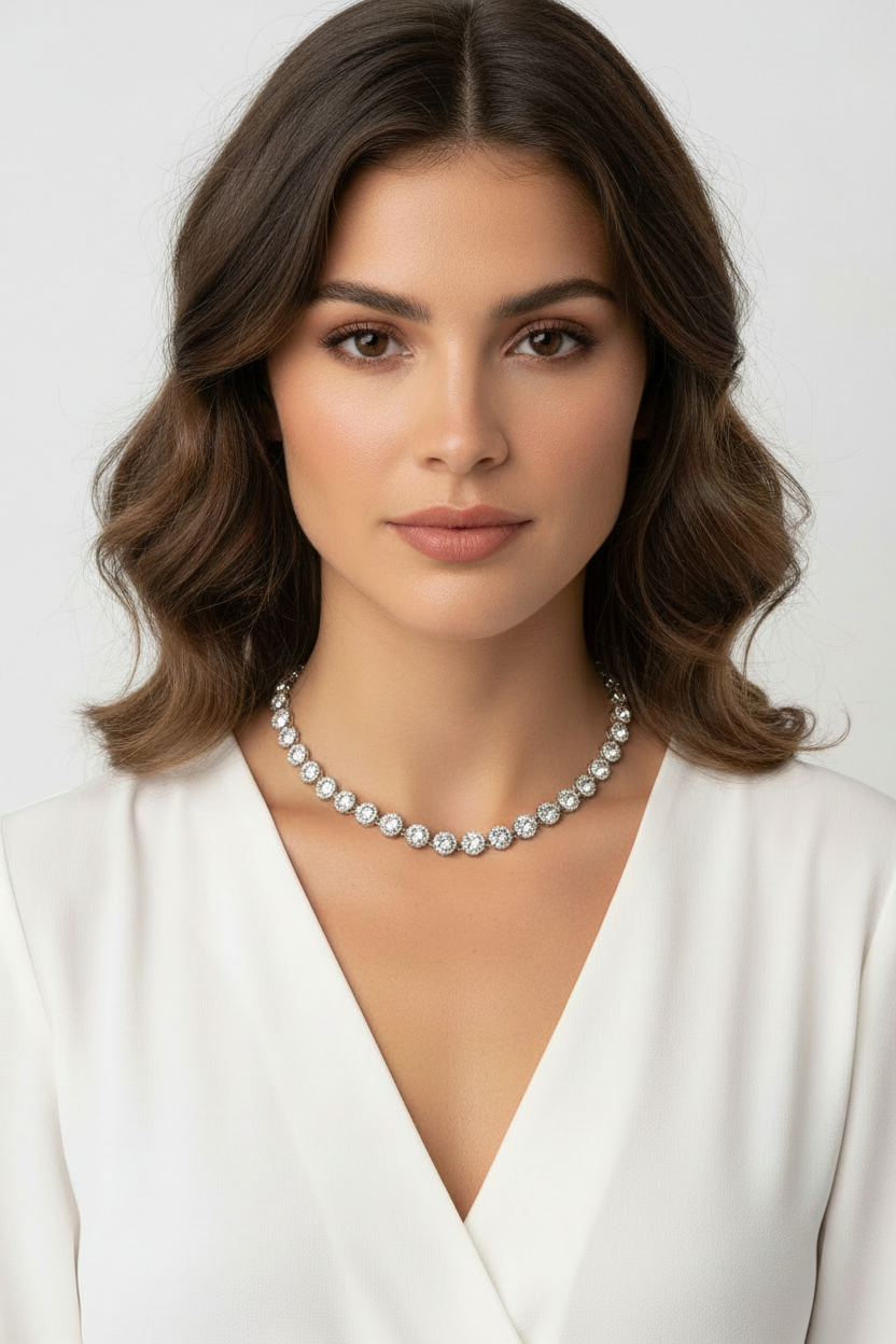 Collana tennis silver indossata da modella