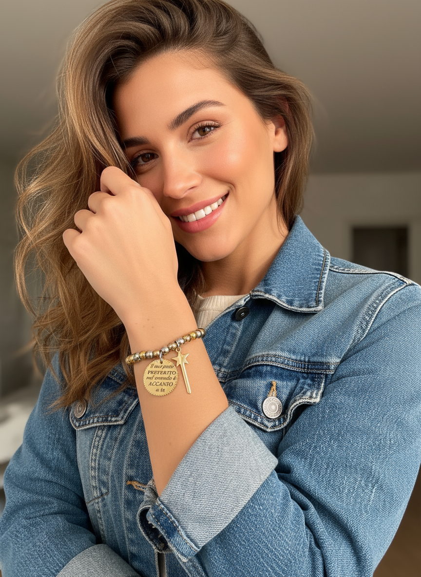 Bracciale con perline e ciondolo indossato