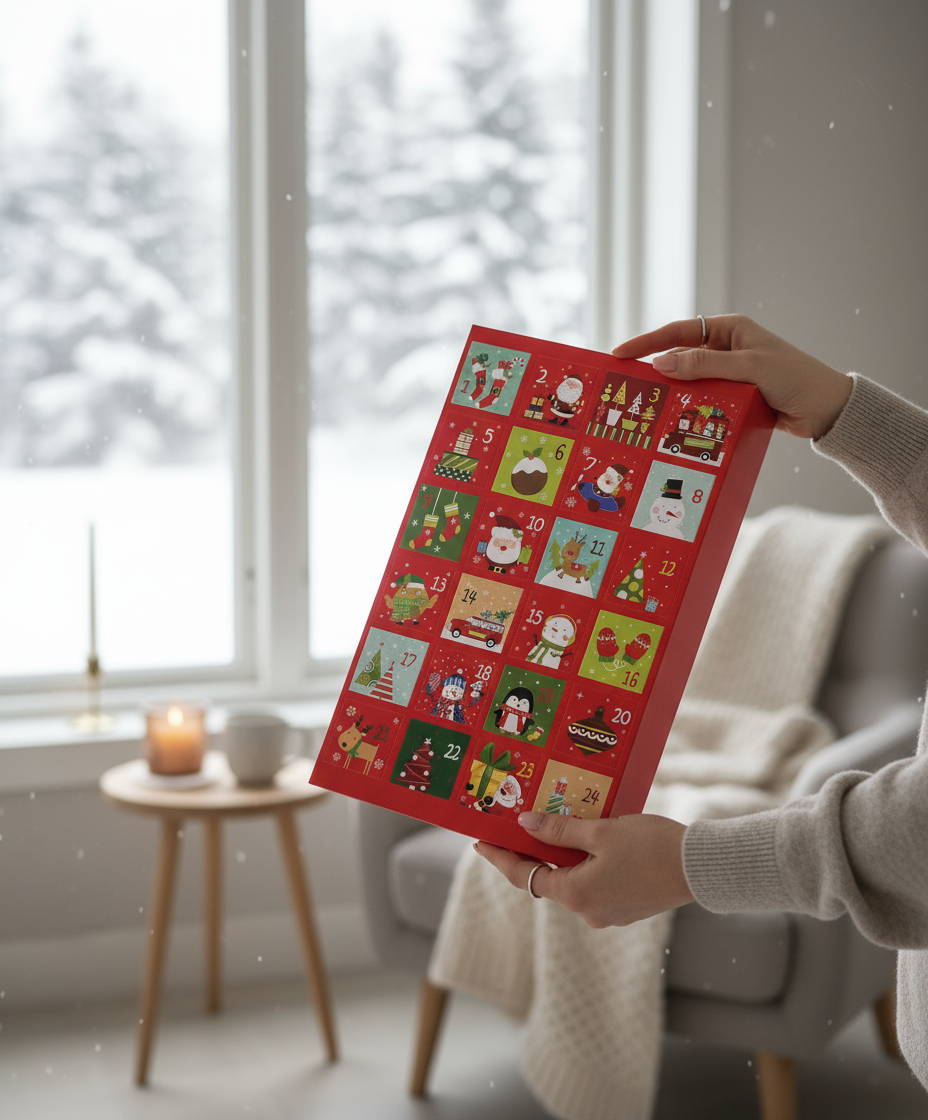 Calendario dell'avvento con finestra innevata
