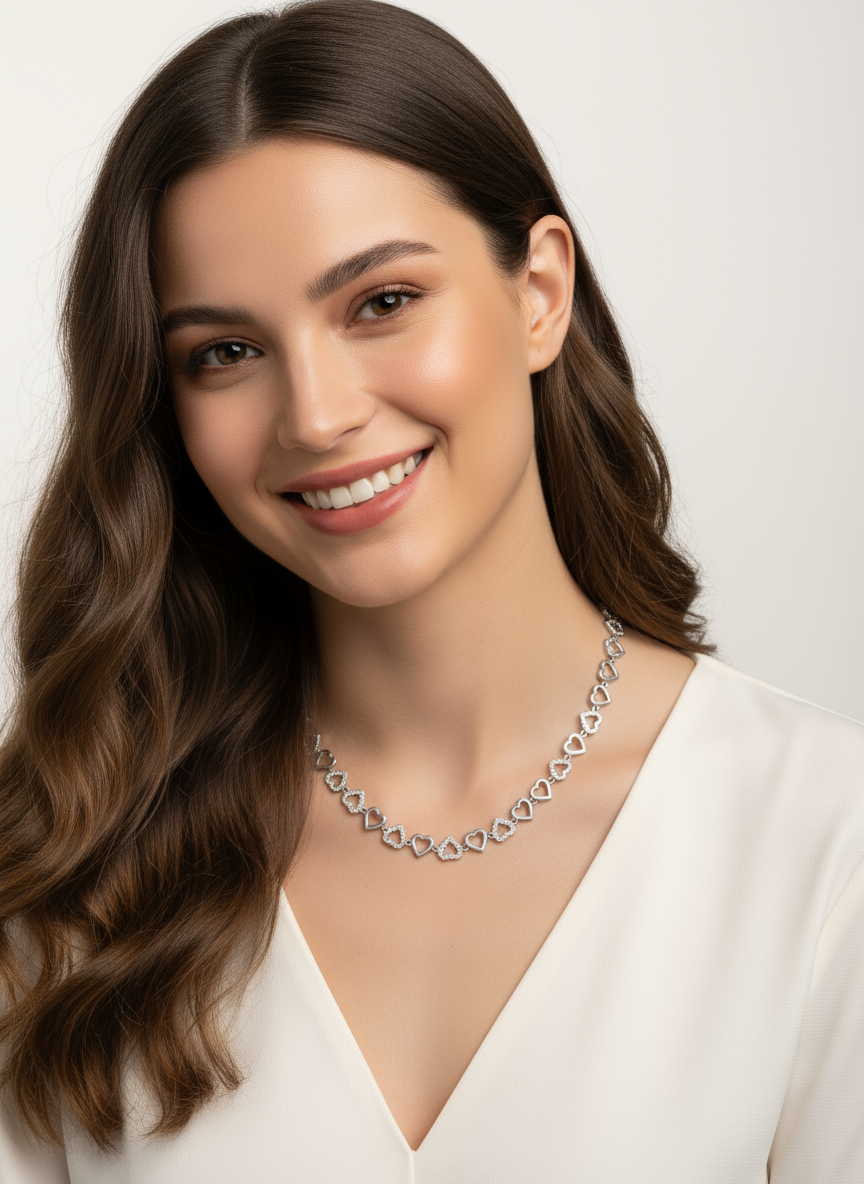 Collana cuori piccoli silver indossata modella sorridente