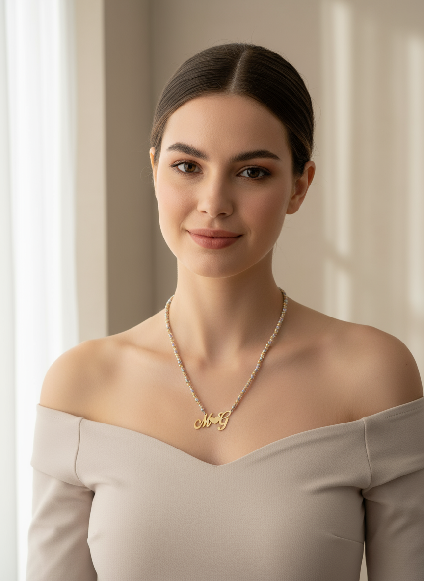 Collana milleluci multicolor con iniziali gold indossata