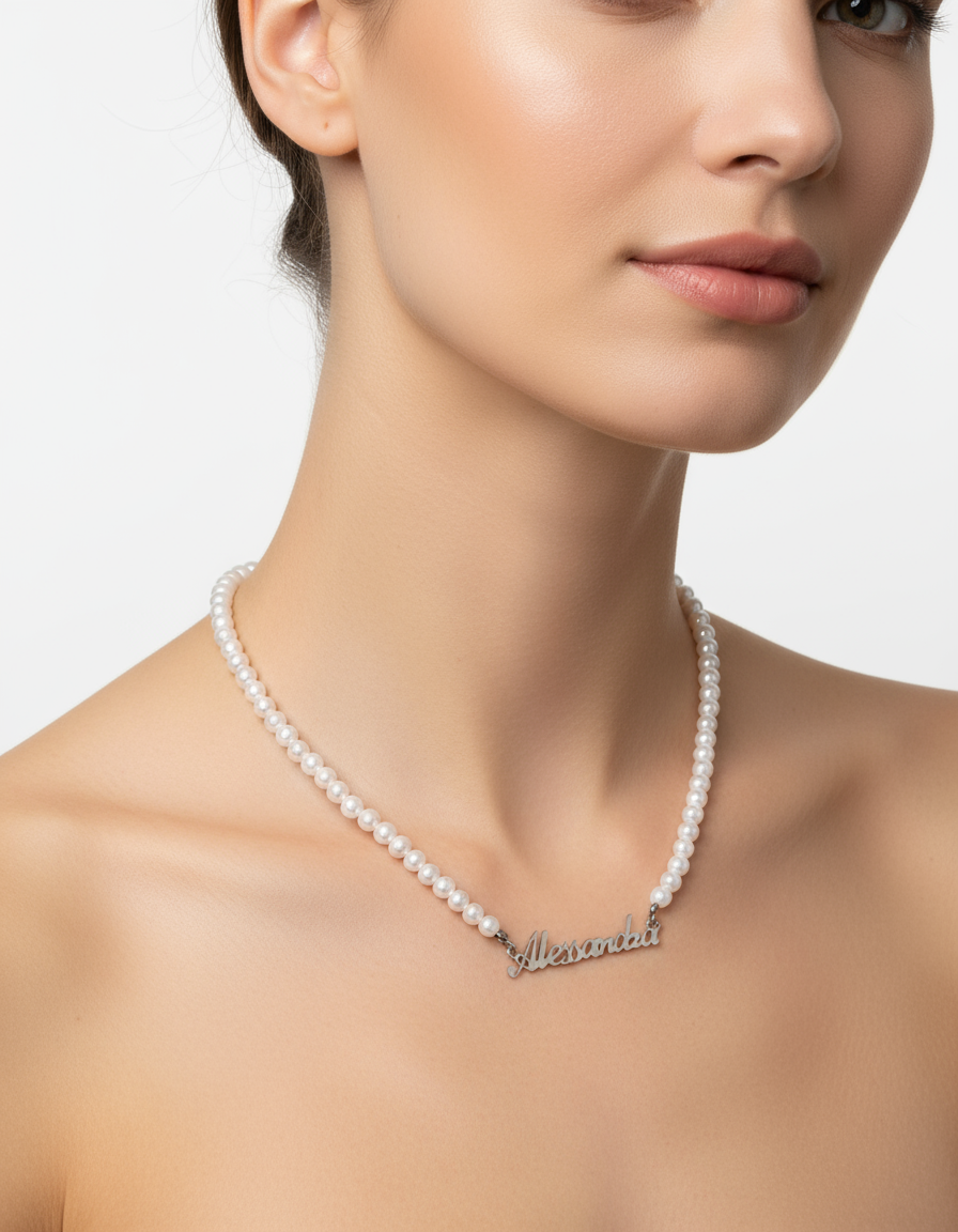 Collana perla nome indossata da modella