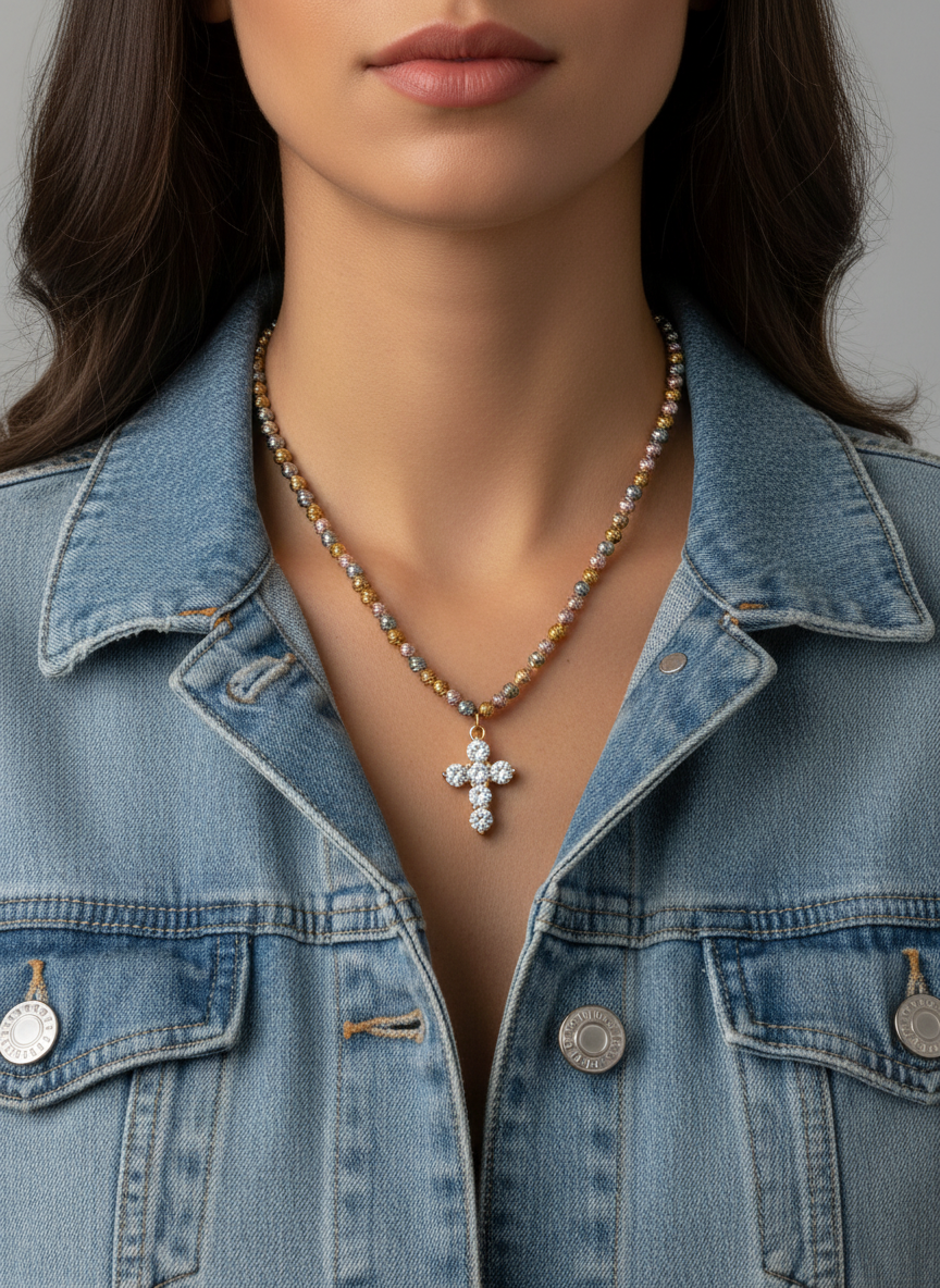 Collana Sacred Big Gold con giacca jeans