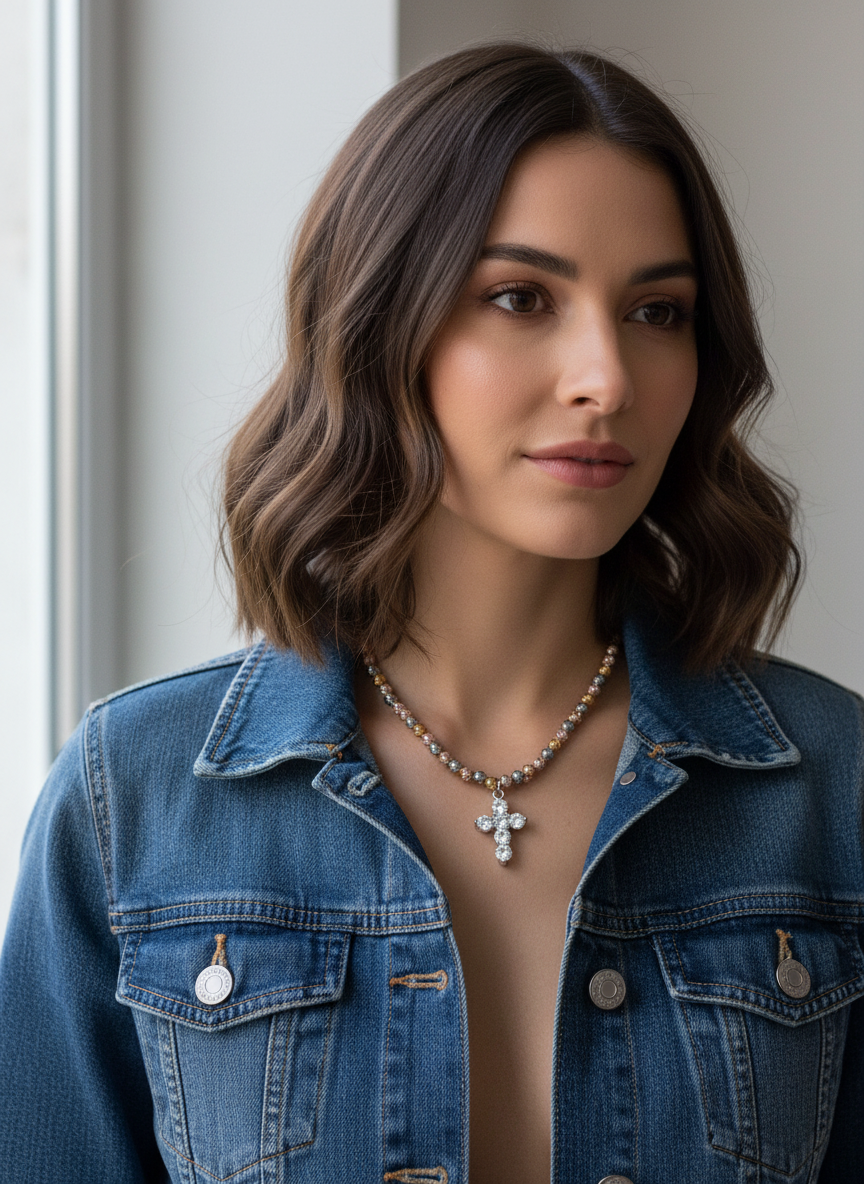 Collana Sacred Big Silver con giacca jeans