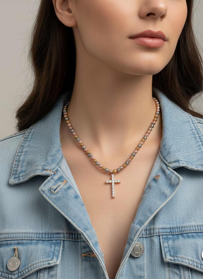 Collana Sacred Slim Gold con giacca jeans