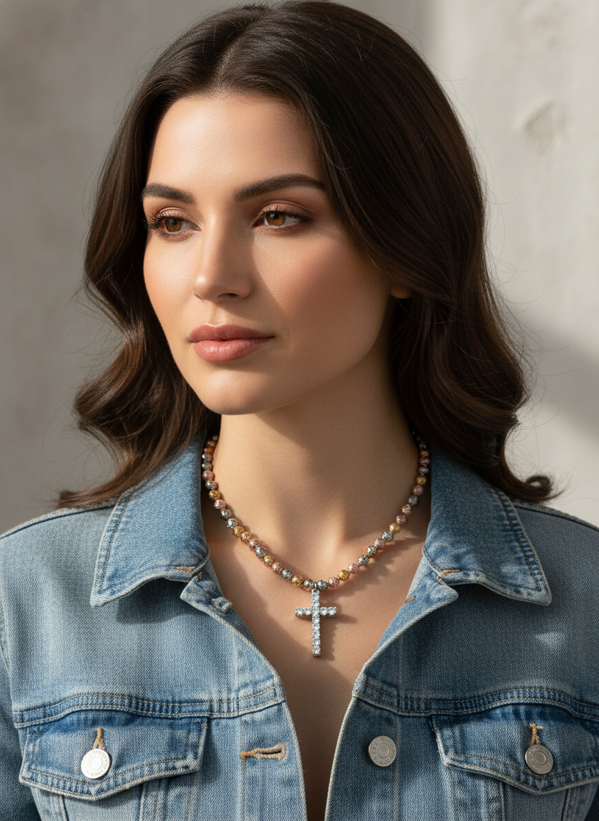 Collana Sacred Slim Silver con giacca jeans