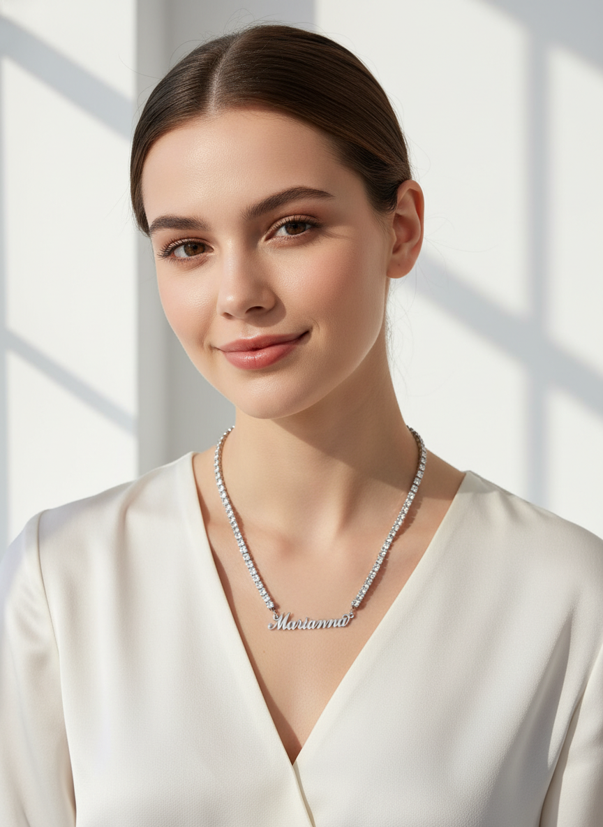 Collana tennis plus con nome indossata da modella