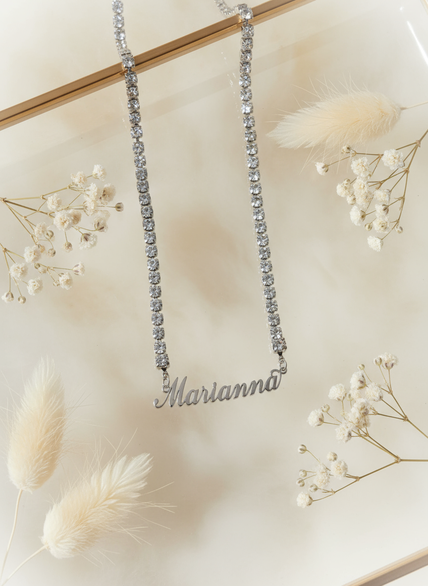 Collana tennis plus su vetro con nebbiolina e fiori secchi