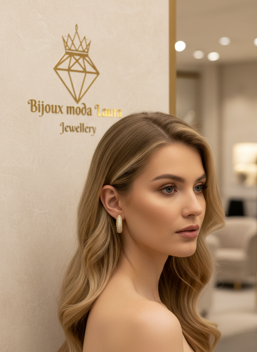 Modella bionda con orecchini e scritta Bijoux Moda Laura sullo sfondo