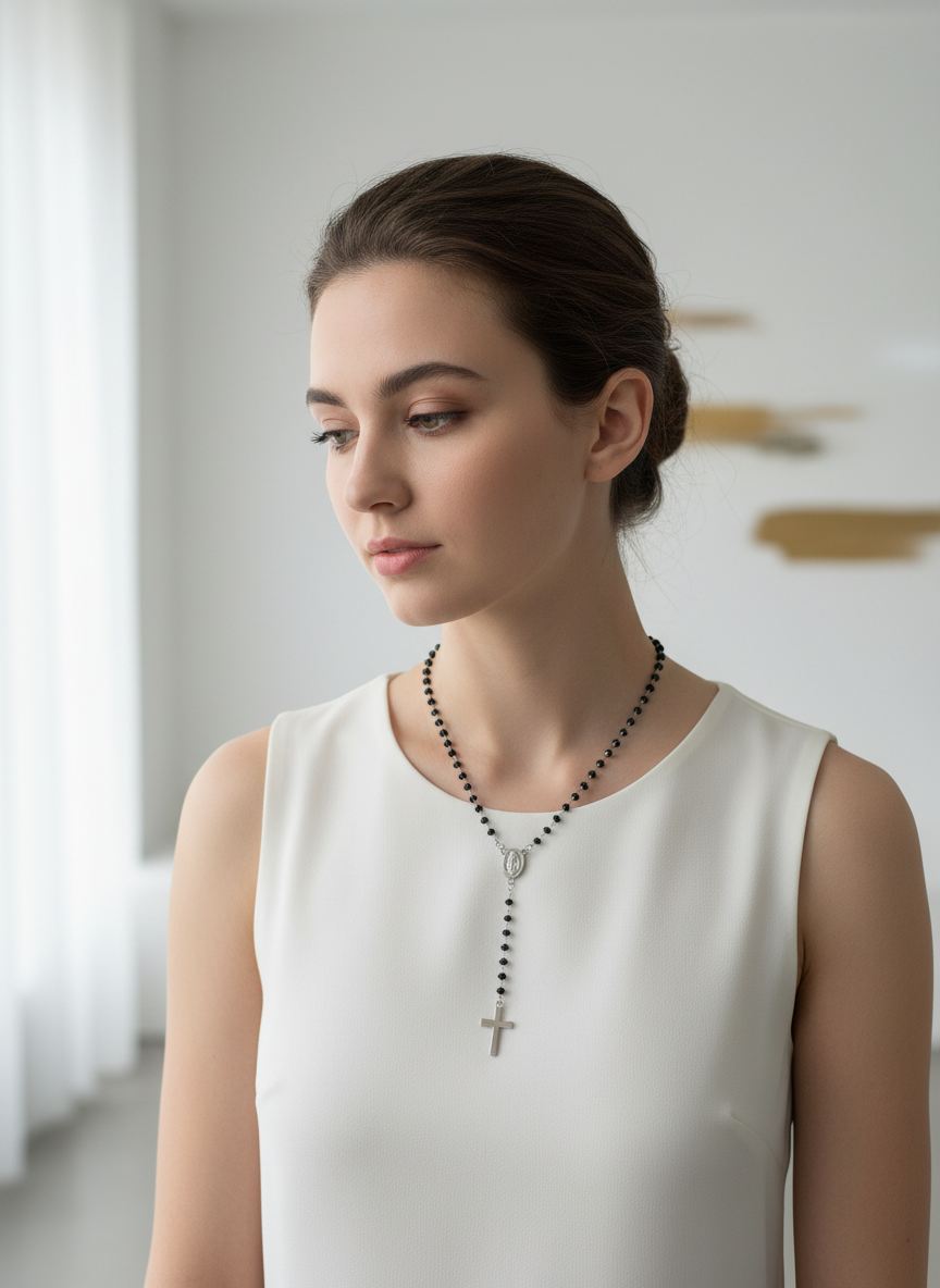 Modella con Collana Rosario Nera - Lunghezza 50cm