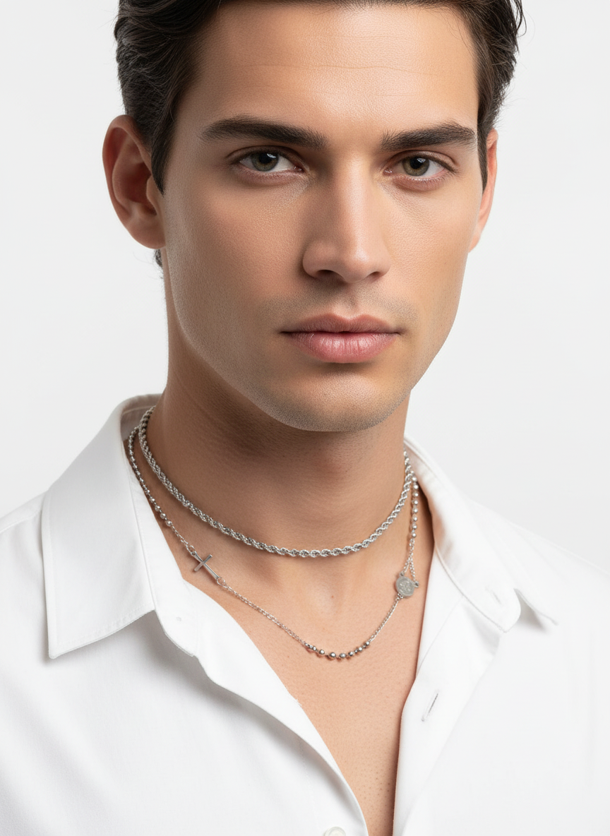 Modello con collana argentata