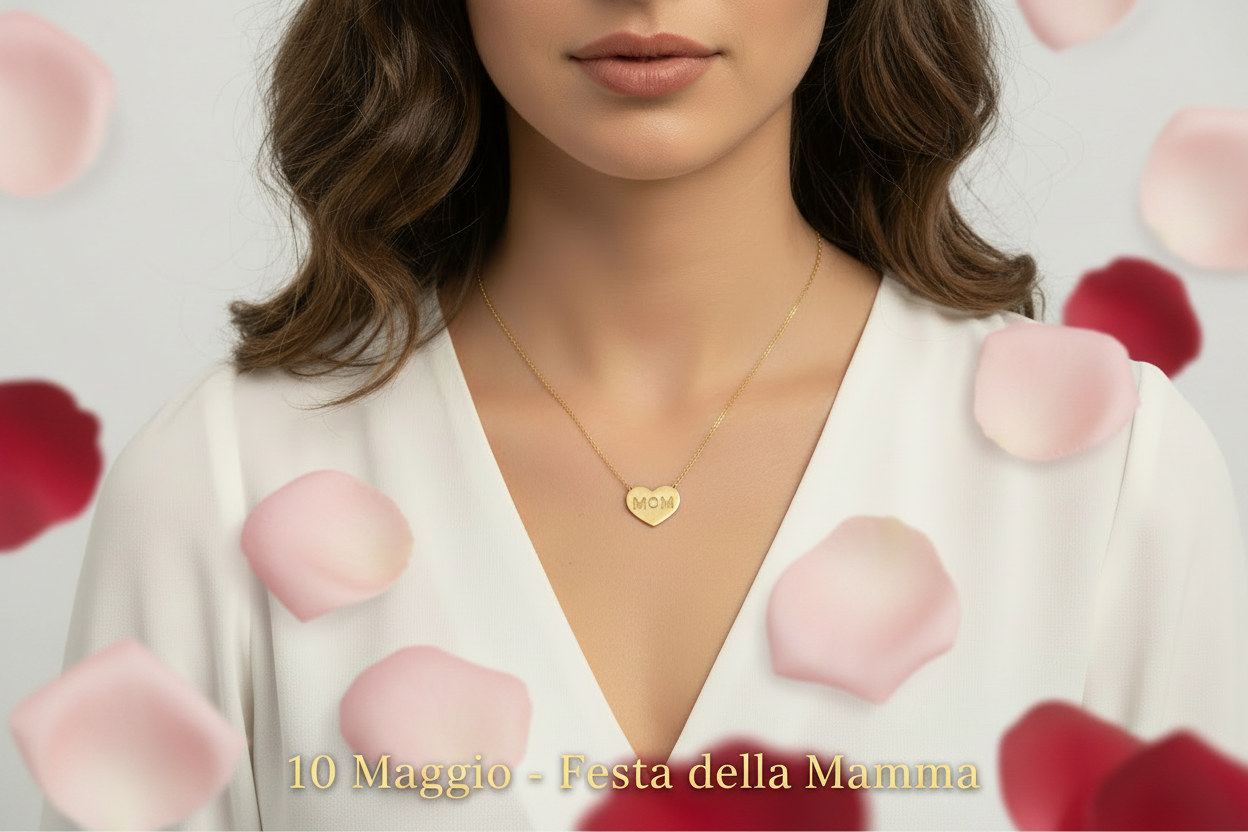 Tre collanine MOM cuore su sfondo bianco con petali